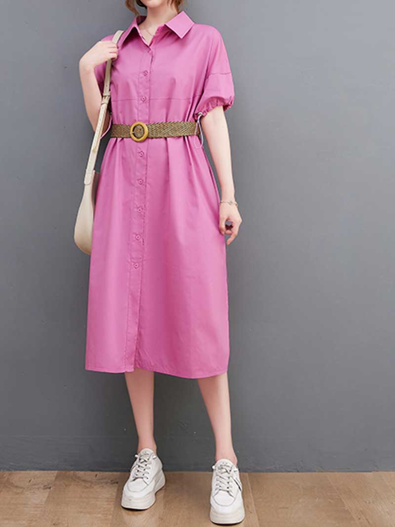 Pointed Collar Button Front Belted Cotton Shirt Midi Dress