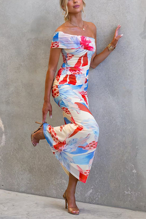 Asymmetrical Shoulder Ruched Floral Print Maxi Dress