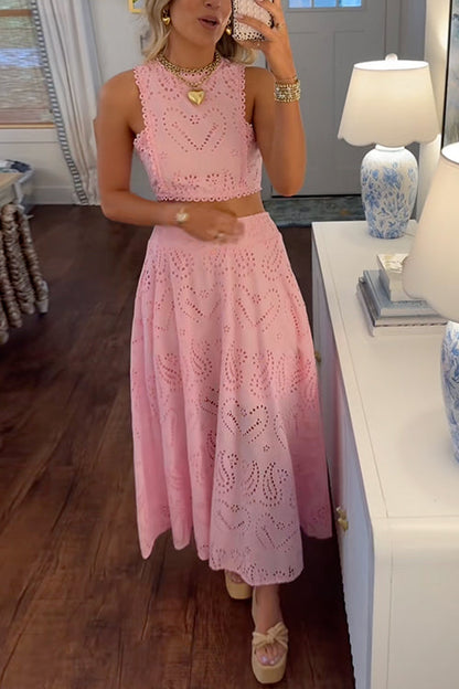 Lace Hollow Out Sleeveless Crop Top High Waist Maxi Skirt Set