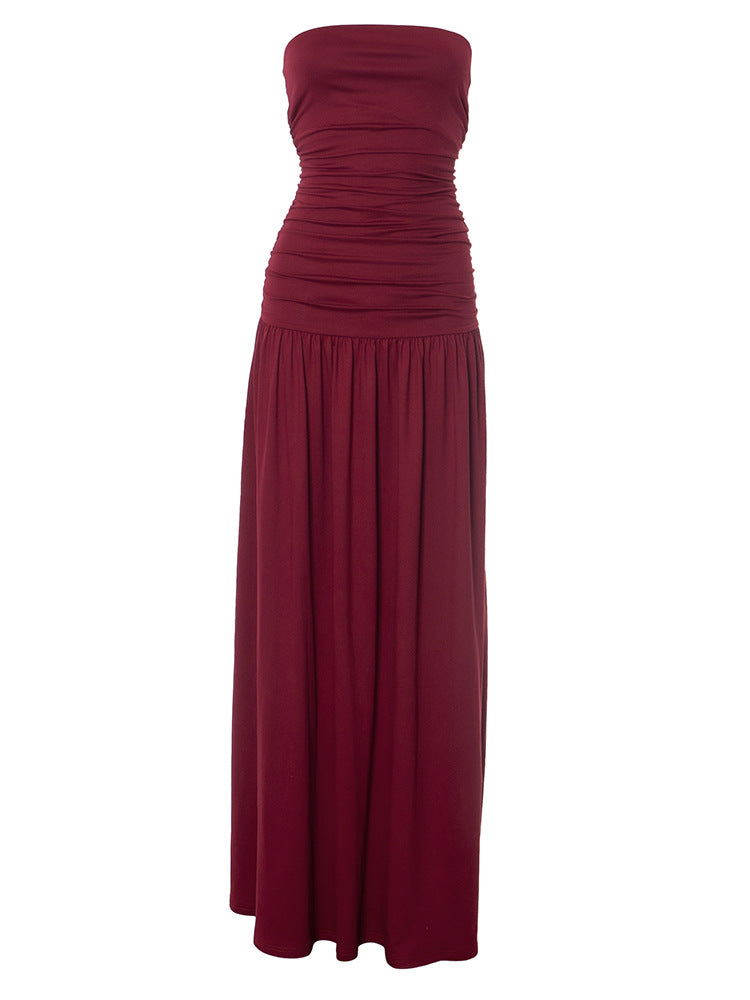 Strapless Ruched Bodice Flowy Gathered Skirt Floor Length Maxi Dress