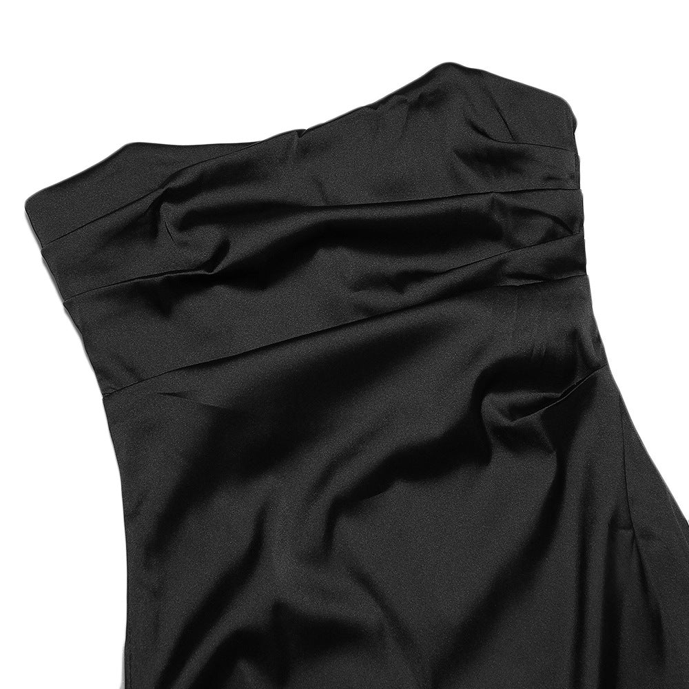 Strapless Ruched Asymmetric Hem Satin Mini Dress