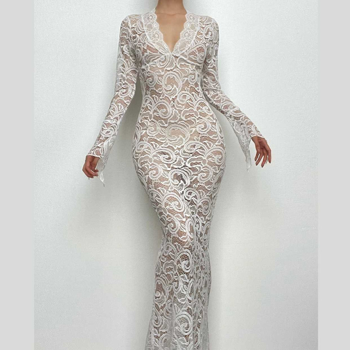 Lace V Neck Long Sleeve Sheer Flared Leg Jumpsuit