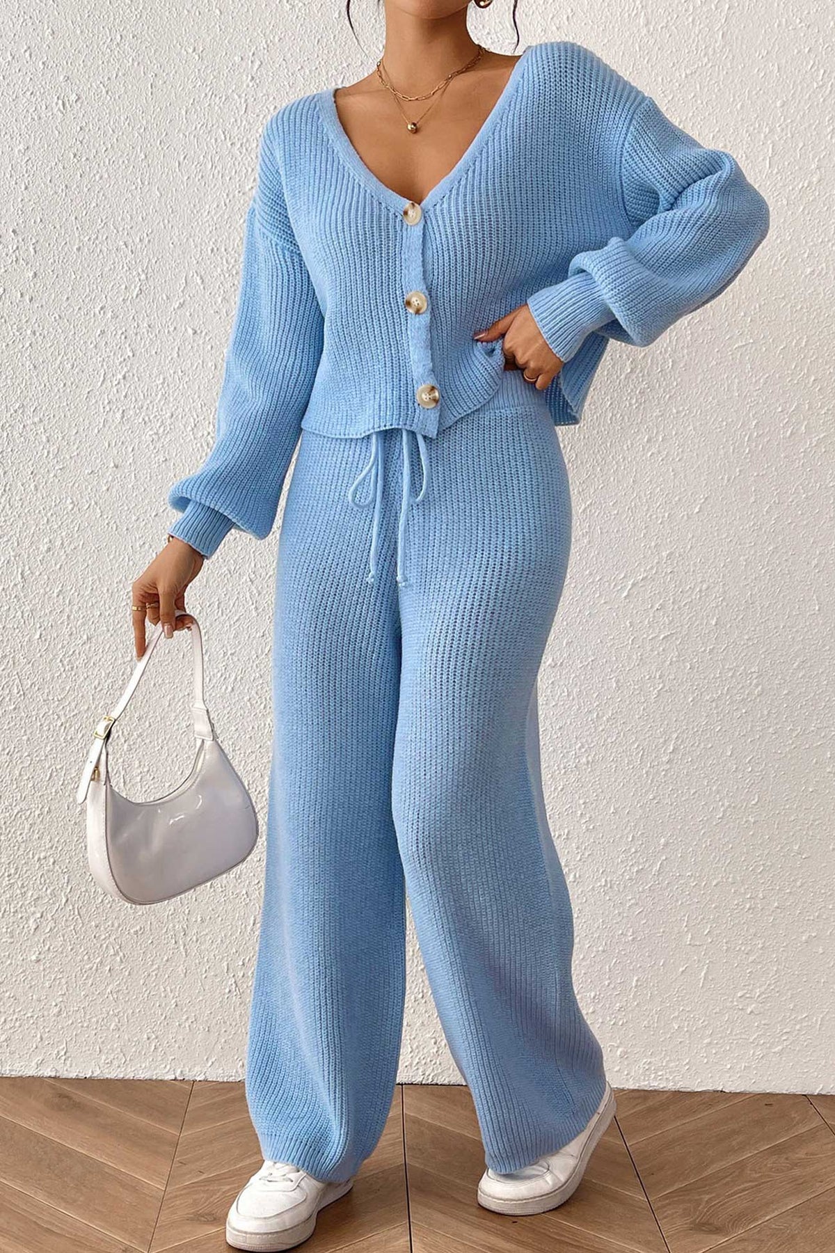 Button-down Crop Cardigan Pants Set
