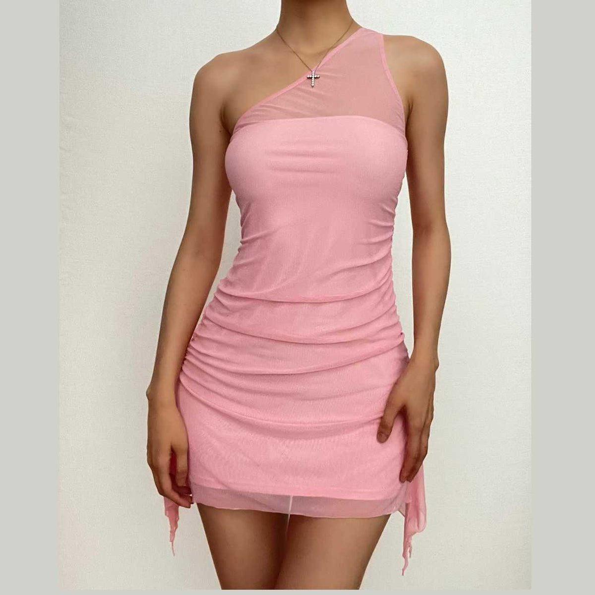 One Shoulder Mesh Panel Ruched Zip Up Mini Dress