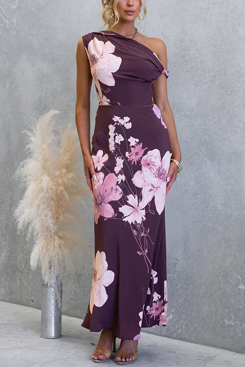 Asymmetrical Shoulder Floral Print Maxi Dress