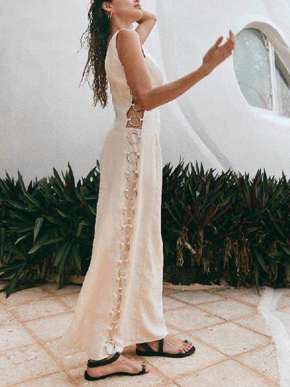 Abstract Swirl Print High Neck Sleeveless Ring Link Side Slit Maxi Dress