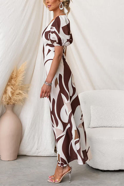 V Neck Puff Short Sleeves Printed Maxi Dress