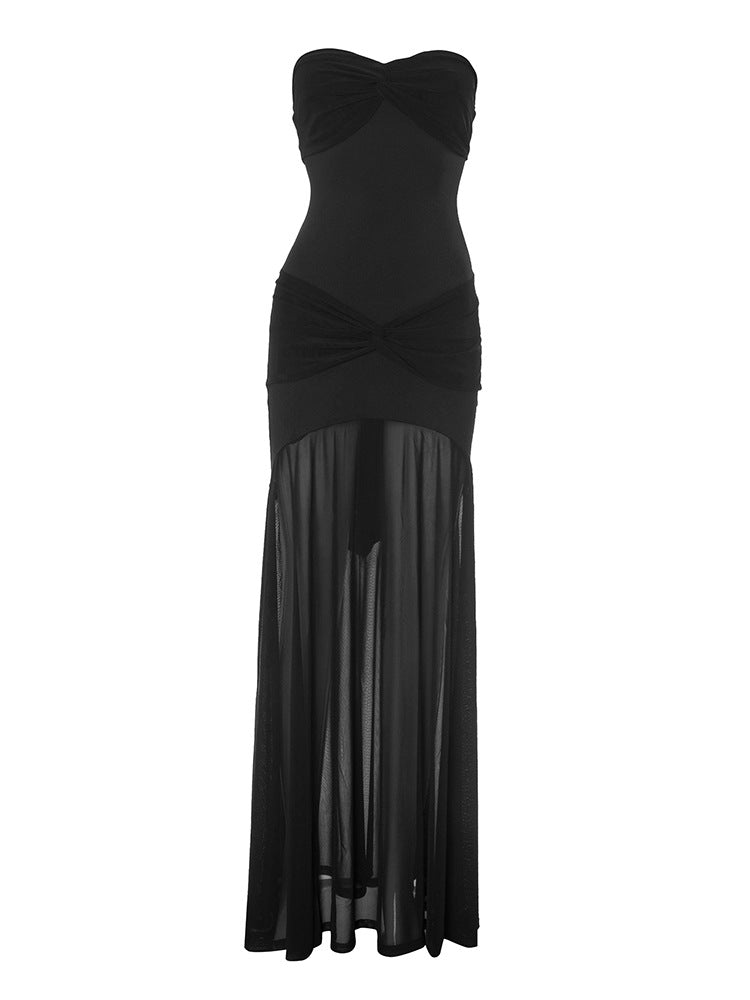 Strapless Twist Knot Sheer Tier Maxi Dress