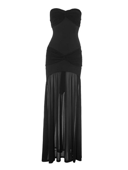 Strapless Twist Knot Sheer Tier Maxi Dress