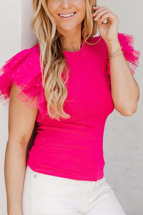 Round Neck Polka Dot Ruffle Short Sleeves Top