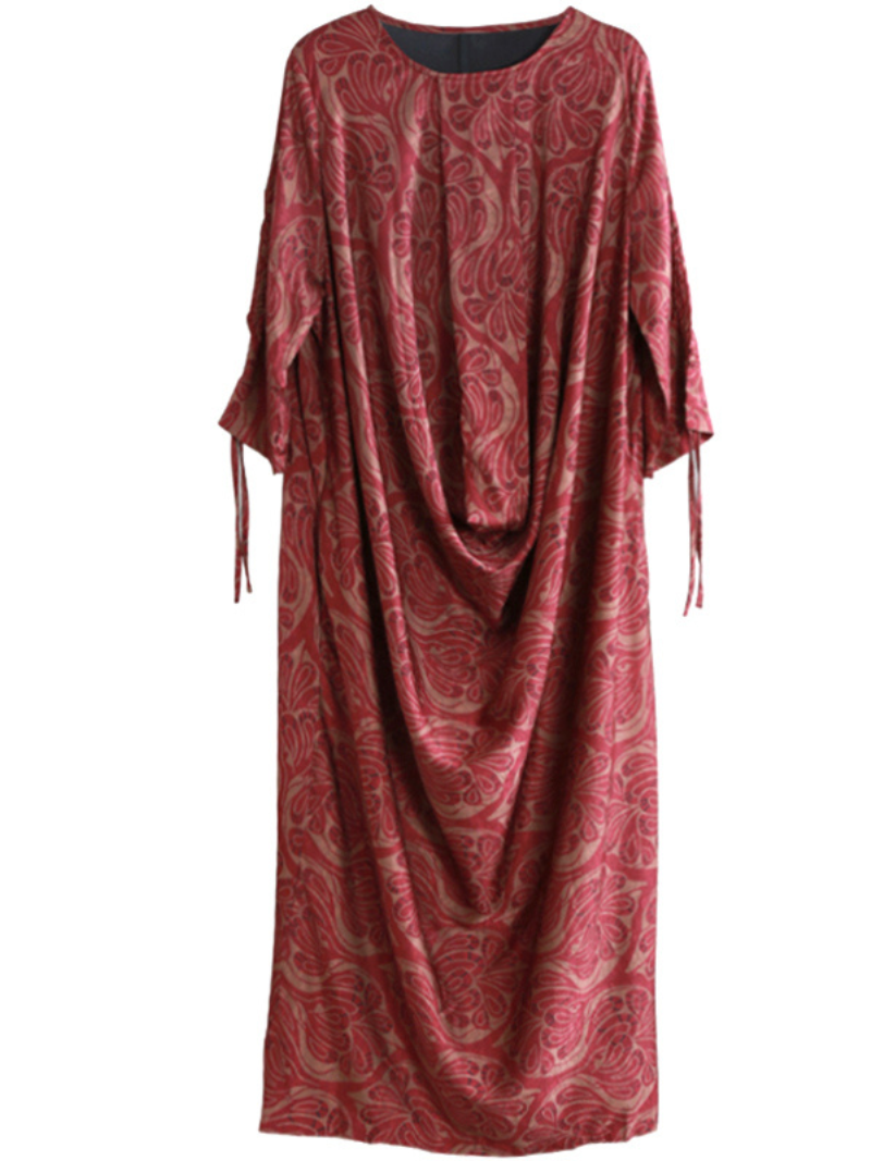 Crew Neck Drawstring Cuff Paisley Print Draped Front Pocket Maxi Dress