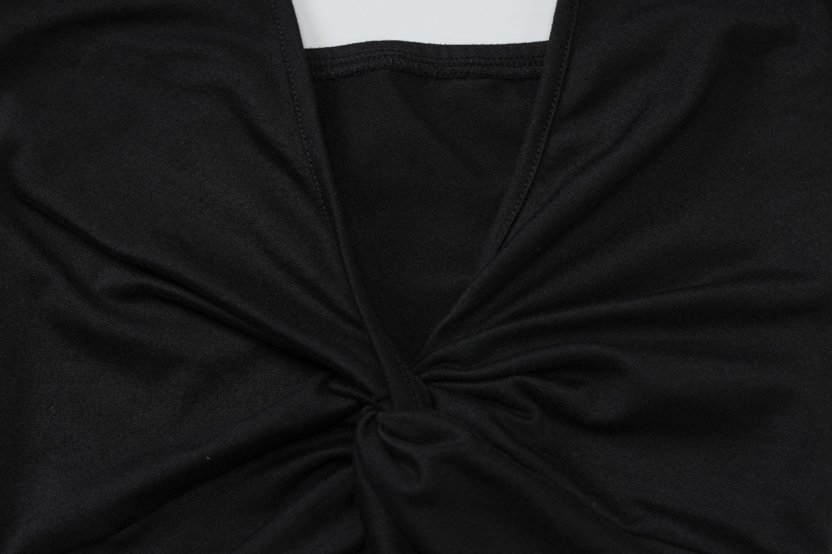 Halter Neck Plunging Twist Front Ruched Bodycon Midi Dress