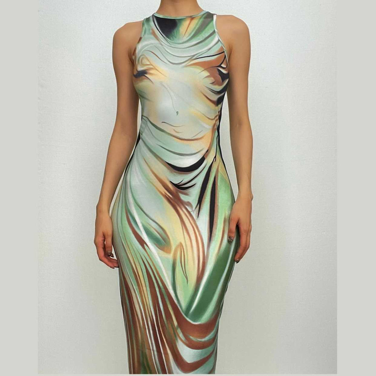 Crewneck Abstract Swirl Body Contour Print Maxi Dress