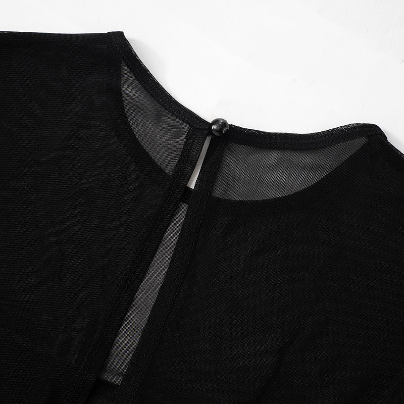 Mock Neck Mesh Yoke Long Sleeve Flared Mini Dress