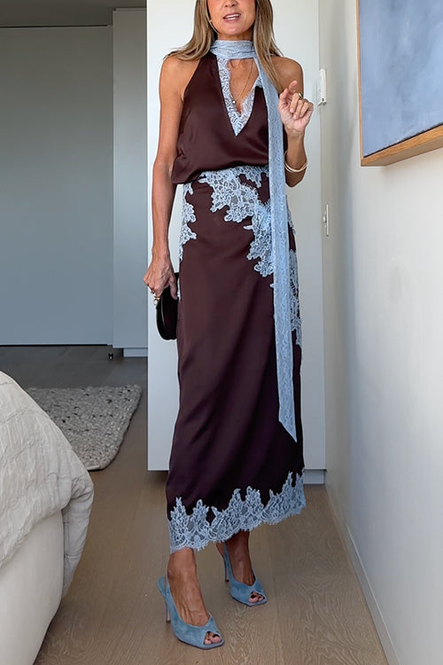 Sleeveless V Neck Lace Trim Satin Scarf Top