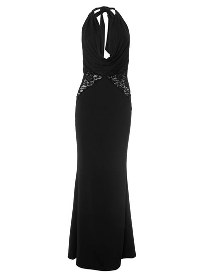 Plunging Halter Cowl Lace Side Panel Mermaid Maxi Gown