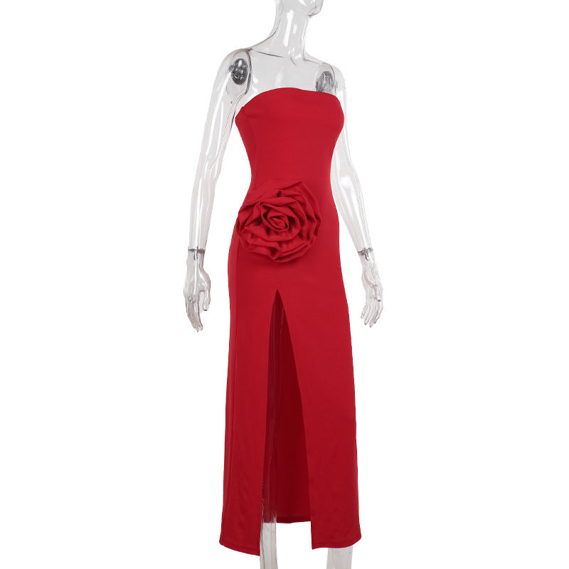 Strapless Sweetheart Rosette Applique High Slit Column Maxi Dress