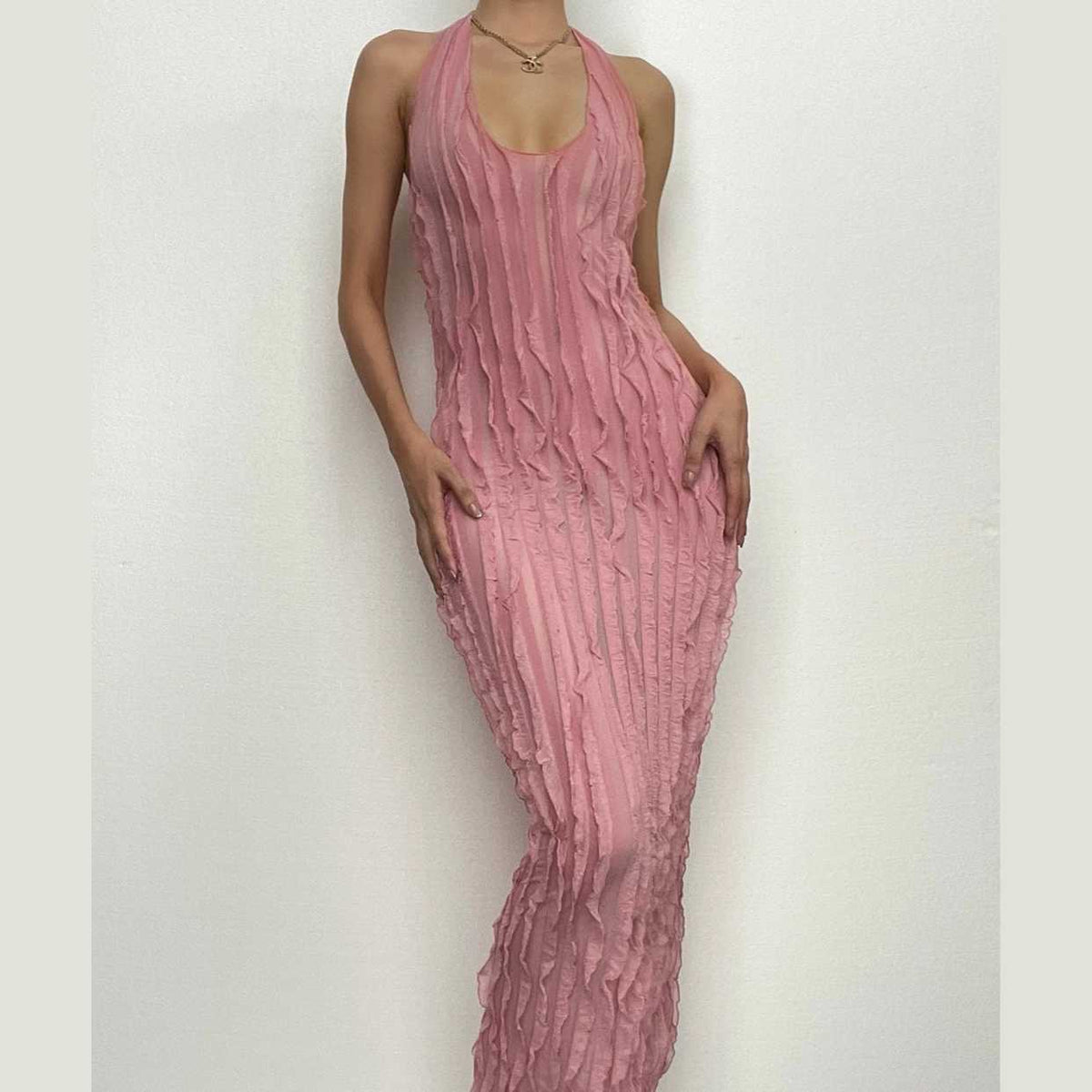 Halter U-Neck Lettuce Edge Ruffle Column Midi Dress