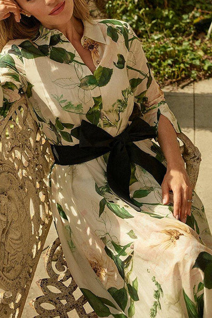 3/4 Sleeves Button Up Wild Rose Print Shirt Maxi Dress