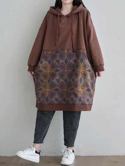 Hooded Kangaroo Pocket Geometric Print Oversized Mini Sweatshirt Dress