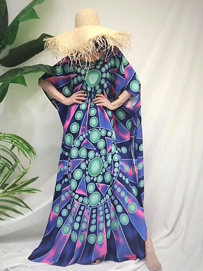 Round Neck Short Sleeve Abstract Mandala Print Kaftan Maxi Dress