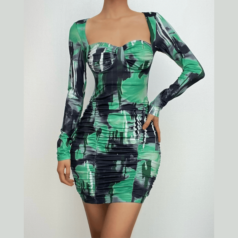 Abstract Print Long Sleeve Square Neck Sweetheart Ruched Bodycon Mini Dress