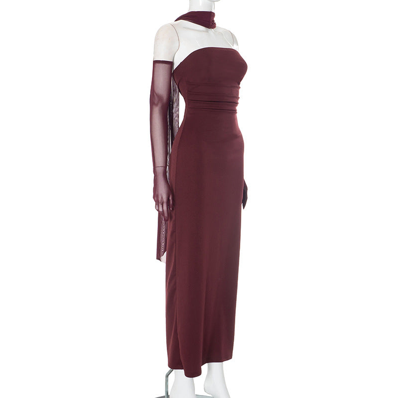 Strapless Ruched Bandeau Column Maxi Gown With Sheer Stole