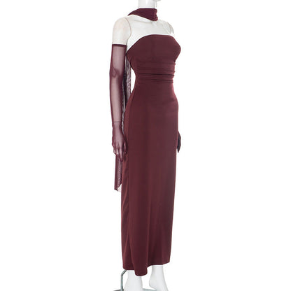 Strapless Ruched Bandeau Column Maxi Gown With Sheer Stole