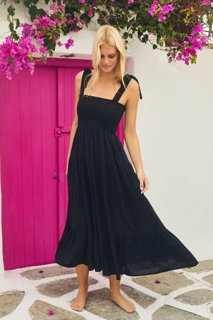 Square Neck Smocked Bow Strap Tiered Ruffle Hem Maxi Dress