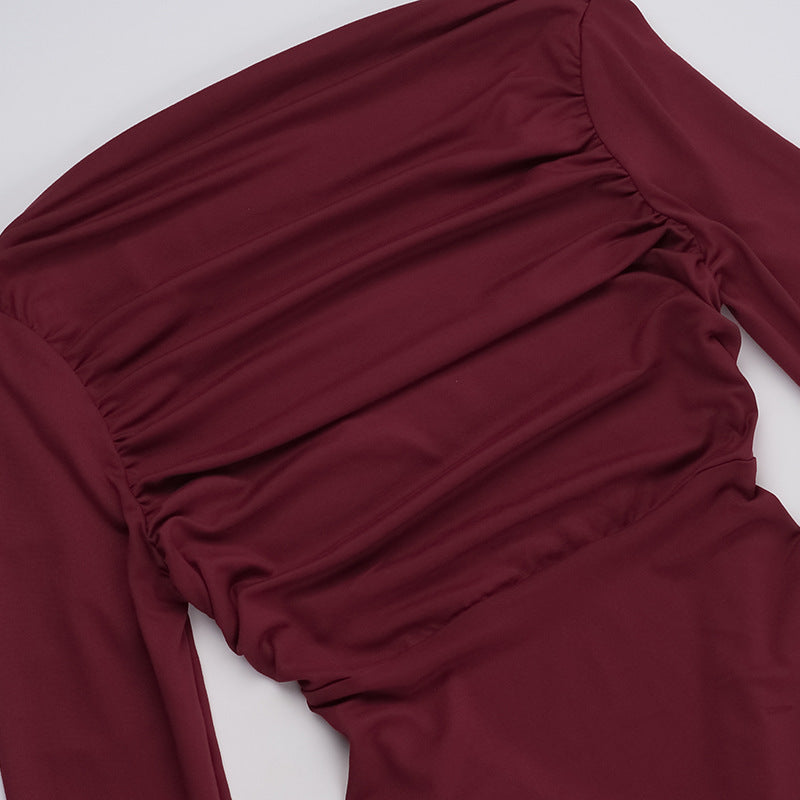 Long Sleeve Deep Open Back Ruched Column Maxi Gown