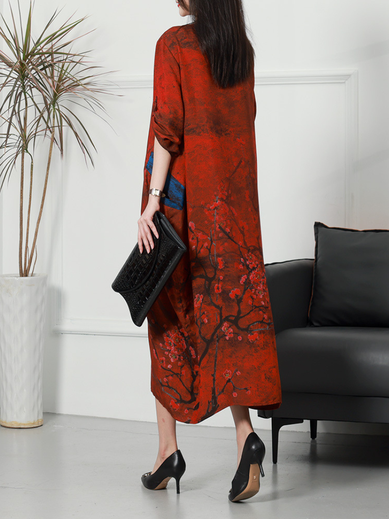 Round Neck Three Quarter Sleeve Blossom Print Pocket Midi Dress
