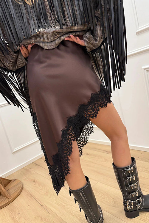 Lace Trim Side Slit Irregular Satin Skirt