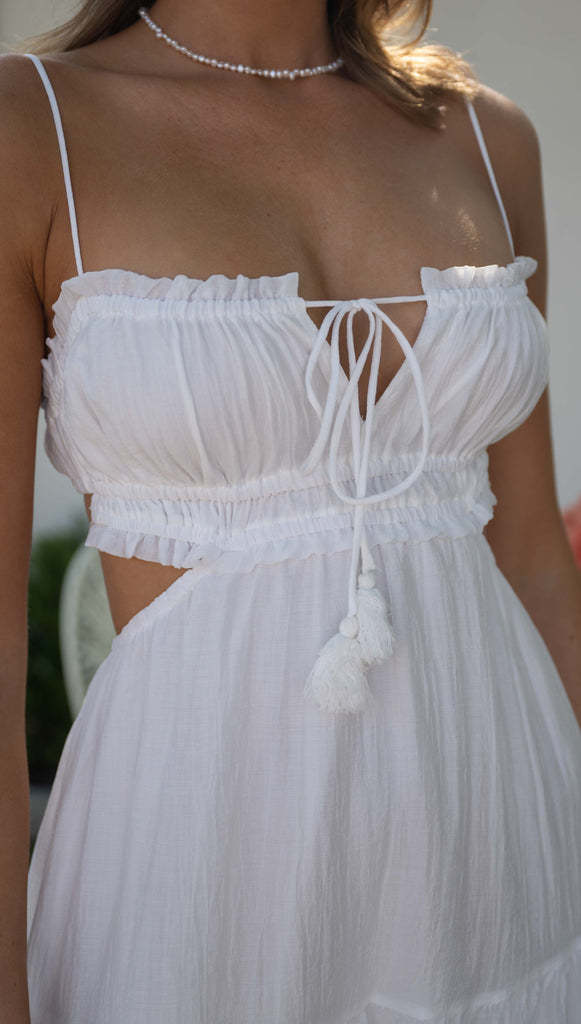 Spaghetti Strap Smocked Tie Tassel Side Cutout Tiered Crinkle Maxi Dress