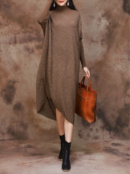 Mock Neck Batwing Sleeve Diagonal Rib Asymmetrical Hem Oversized Midi Sweater Dress