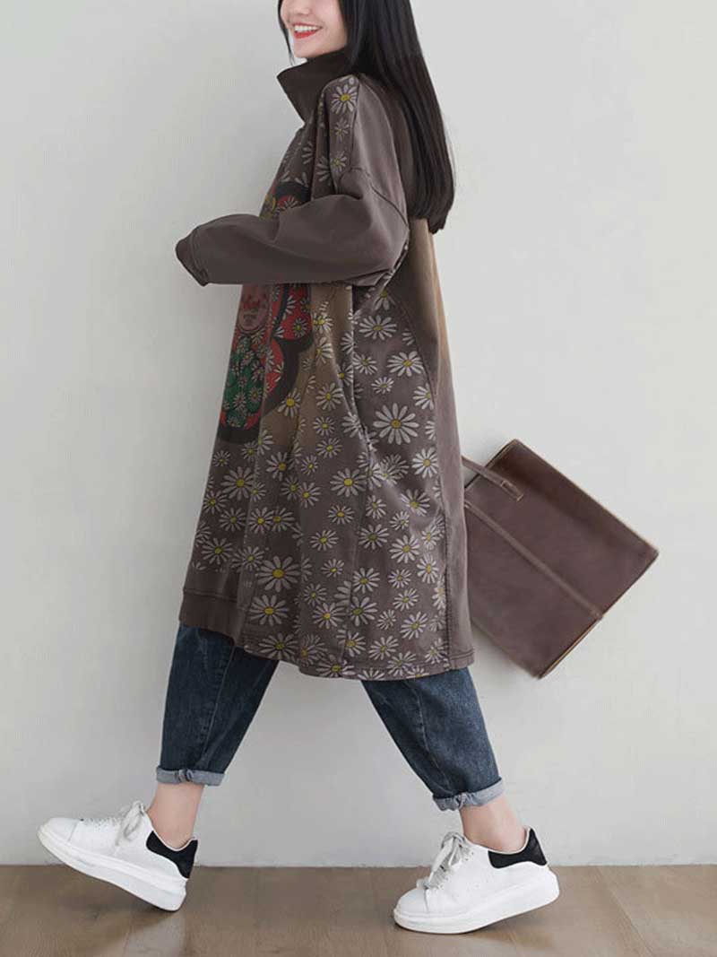 Turtleneck Floral Daisy Print Oversized Sweatshirt Midi Dress