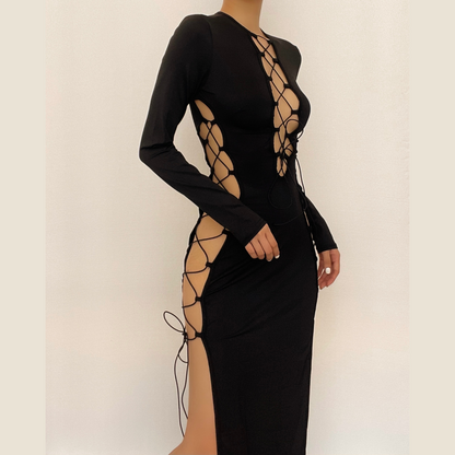 Long Sleeve Front Lace-Up Chest Cutout Side Slit Bodycon Maxi Dress