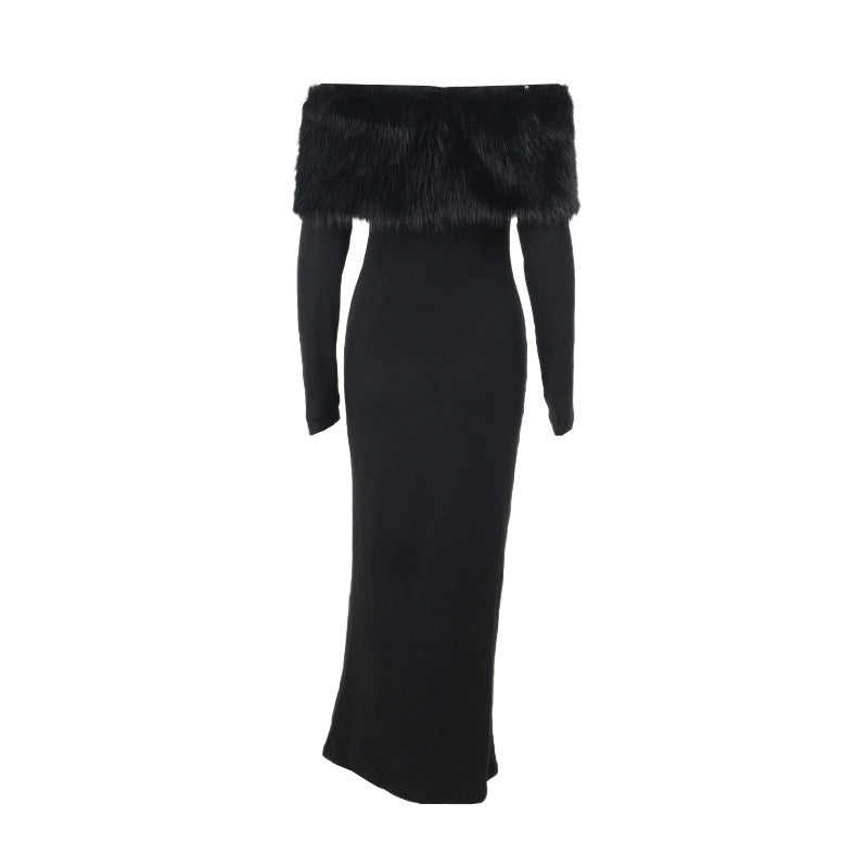 Off Shoulder Faux Fur Trim Long Sleeve Bodycon Maxi Dress