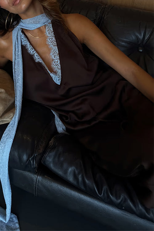 Sleeveless V Neck Lace Trim Satin Scarf Top
