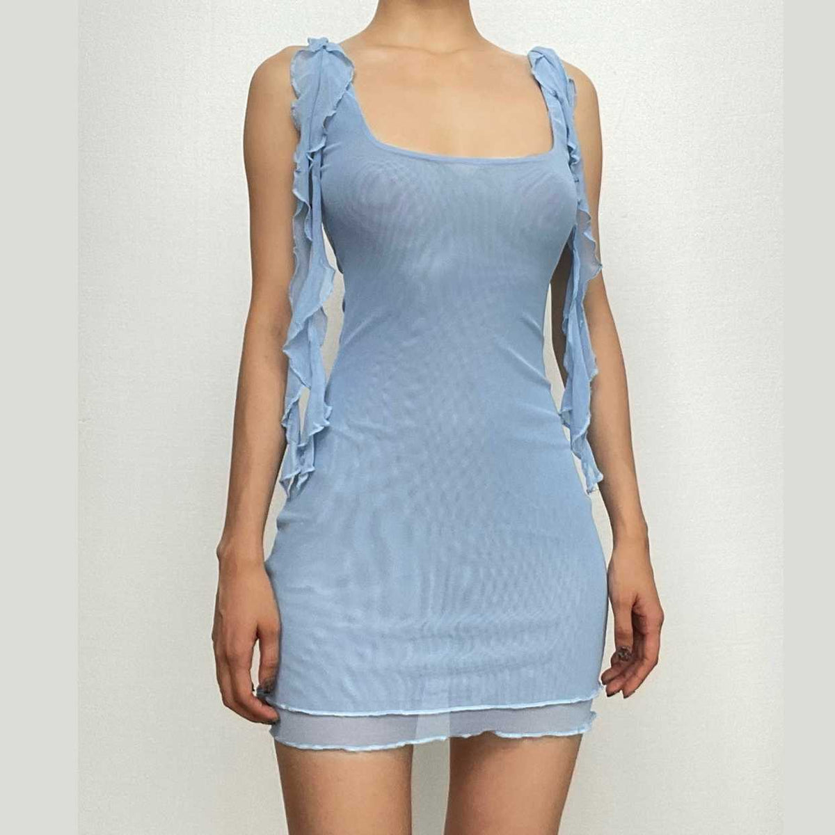 Square Neck Ruffled Strap Sheer Mesh Lettuce Hem Bodycon Mini Dress