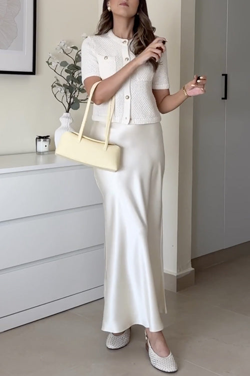 Elegant High Rise Satin Midi Skirt