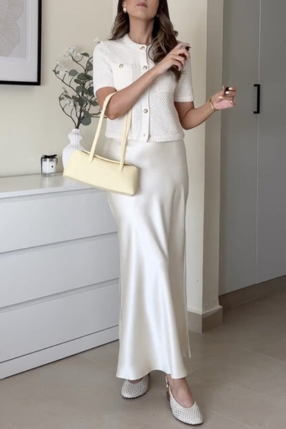 Elegant High Rise Satin Midi Skirt