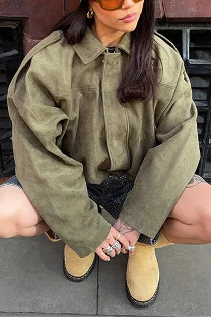 Lapel Zip Up Trendy Bomber Jacket