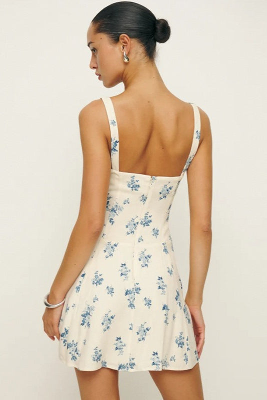 Wide Strap Sweetheart Toile Floral Print Fit and Flare Mini Dress