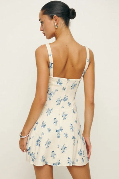 Wide Strap Sweetheart Toile Floral Print Fit and Flare Mini Dress