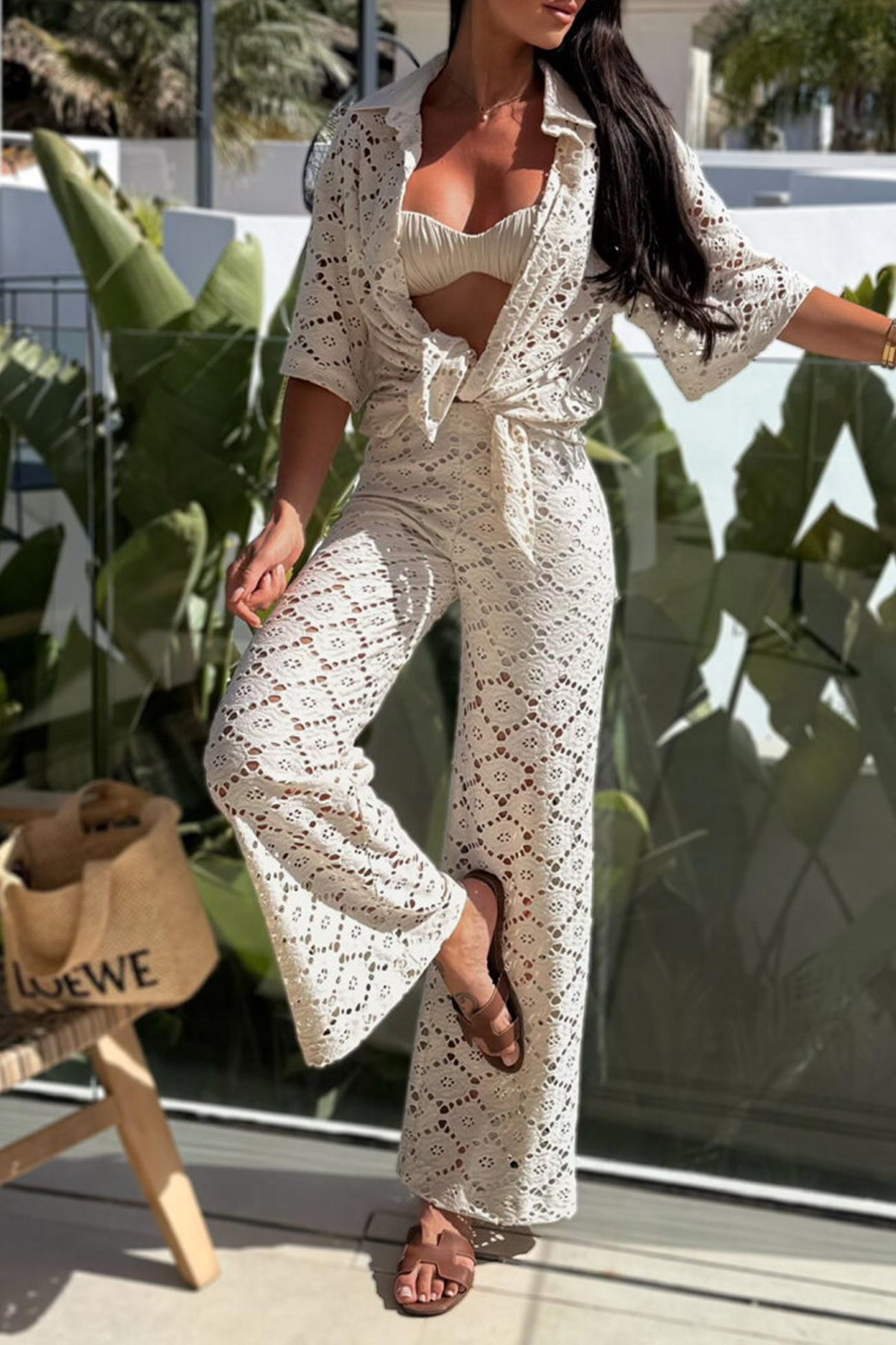 Lace Lapel Blouse Two-piece Set