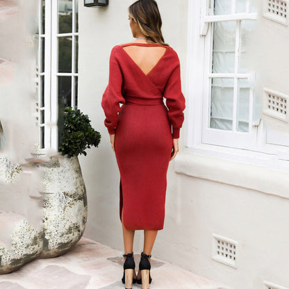 Wrap Neck Rib Knit Long Sleeve Tie Waist Side Slit Midi Sweater Dress