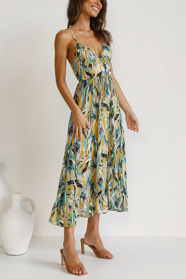 Abstract Print Spaghetti Strap V-Neck Drawstring Waist Tiered Ruffle Midi Dress