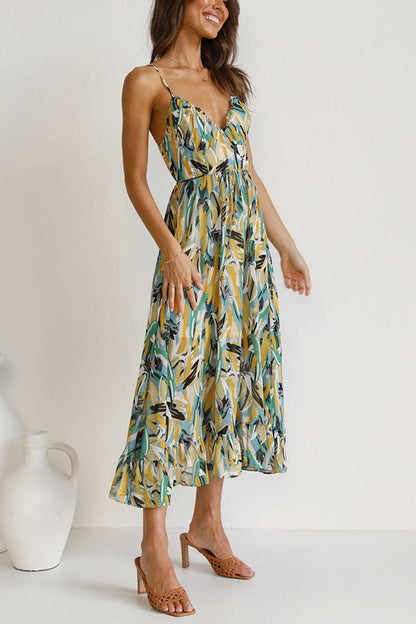 Abstract Print Spaghetti Strap V-Neck Drawstring Waist Tiered Ruffle Midi Dress