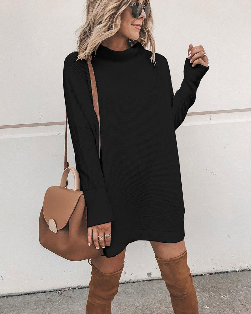 Mock Neck Drop Shoulder Rib Knit Oversized Mini Sweater Dress