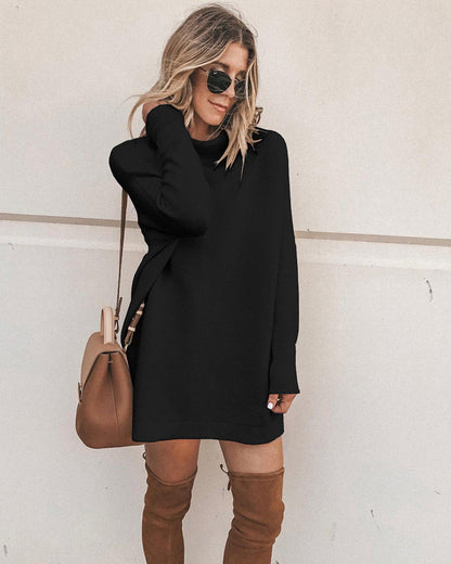 Mock Neck Drop Shoulder Rib Knit Oversized Mini Sweater Dress